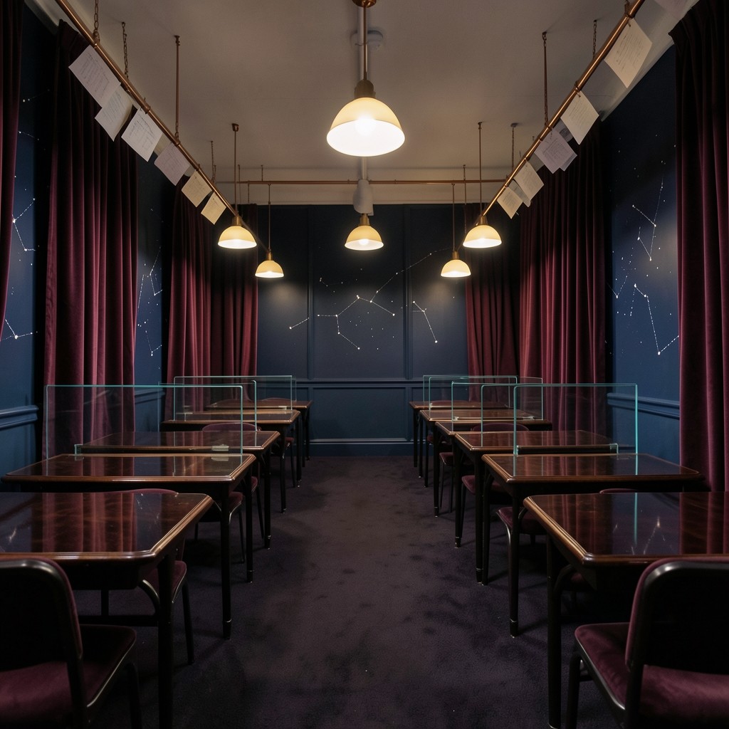 Academy studio with velvet drapes, lacquered tables, and chart boards under warm lamplight