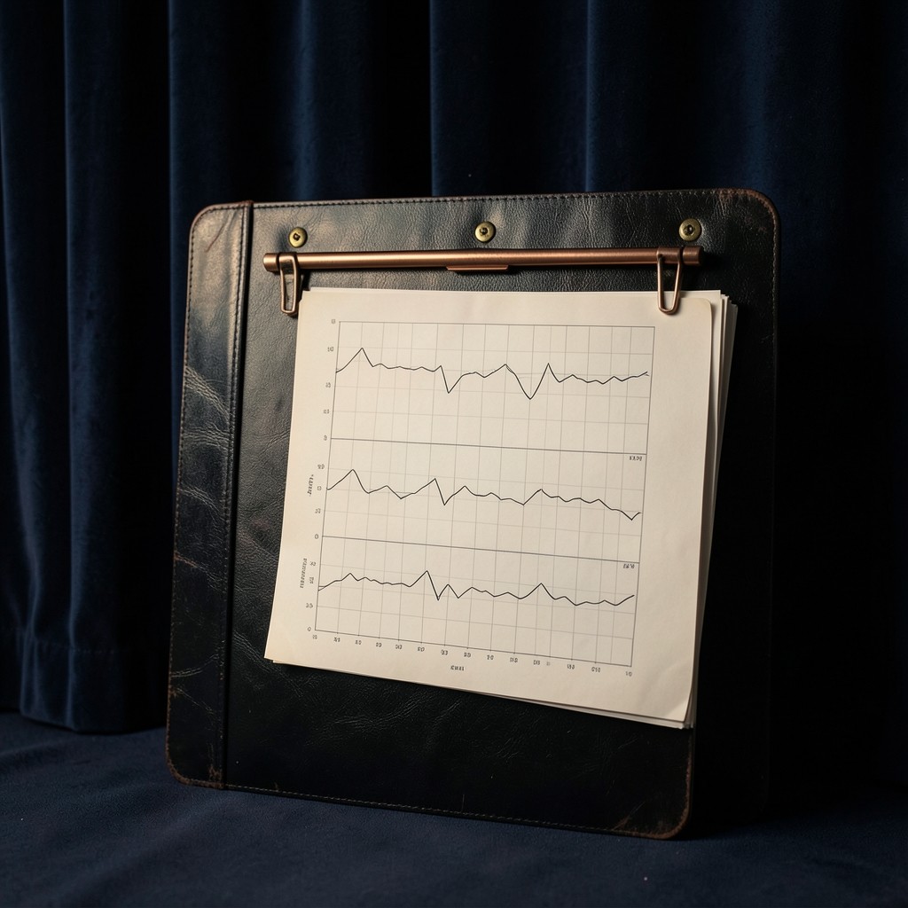 Stack of printed index charts clipped to a lacquered board under soft ivory light