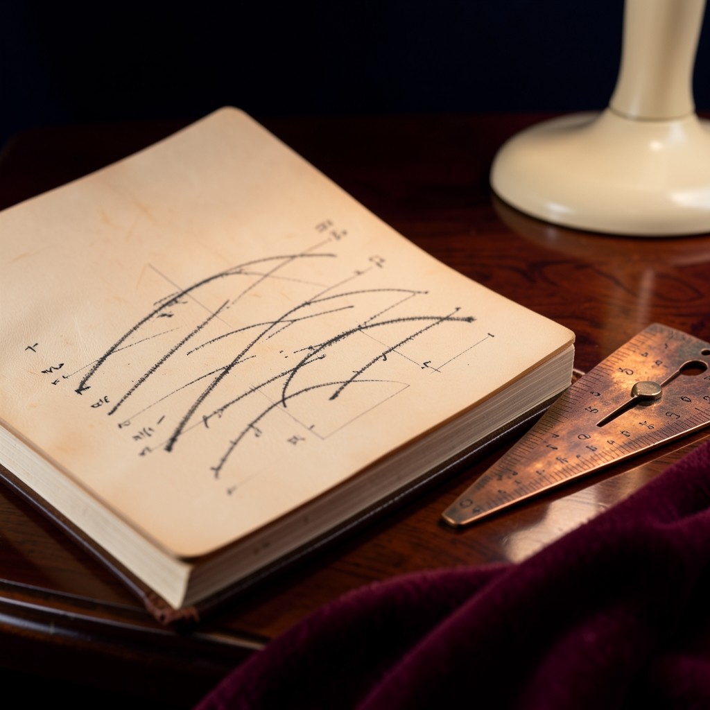 Notebook page with handwritten wave degree labels beside a copper protractor
