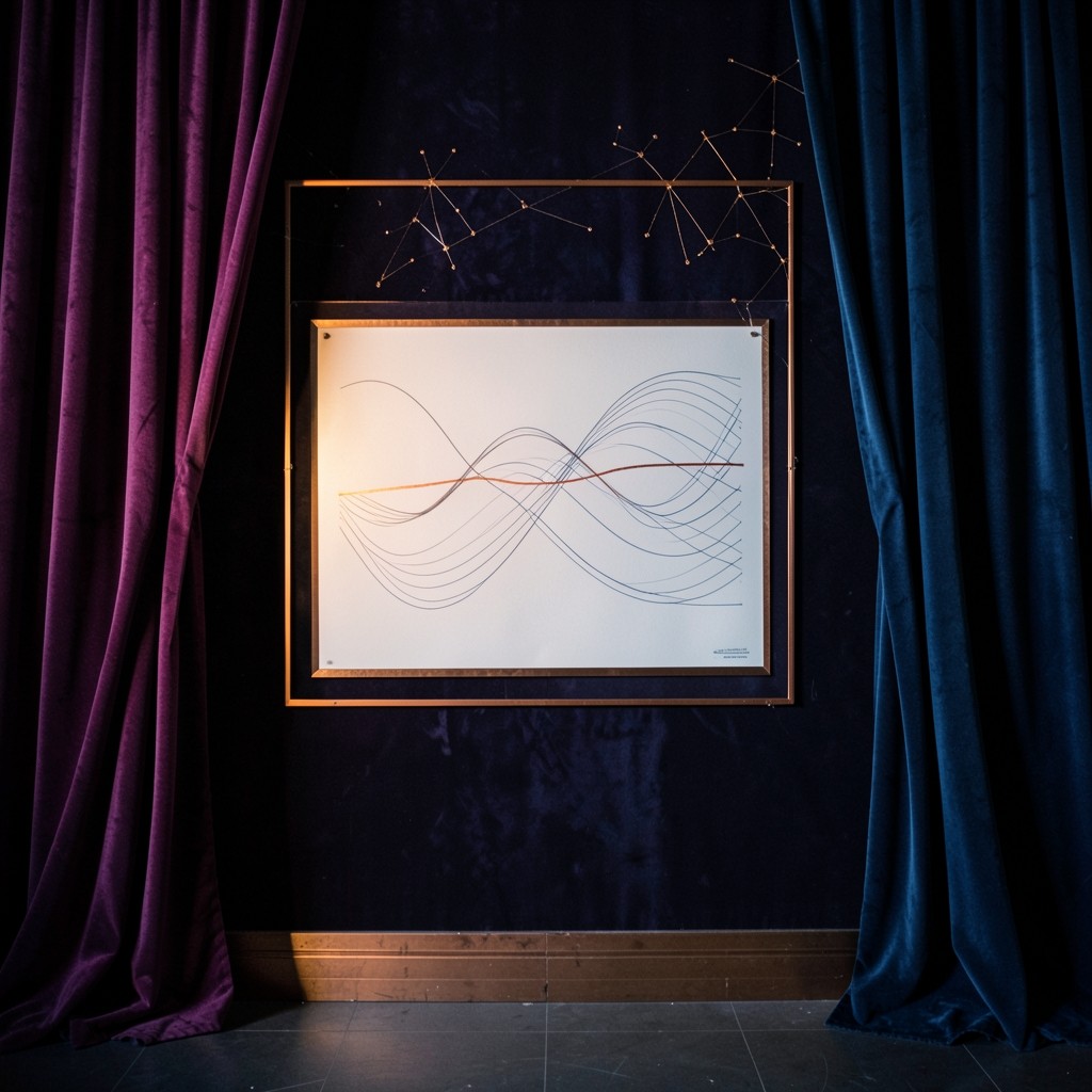 Velvet-draped study wall with a chart and a single horizontal invalidation line marked in copper