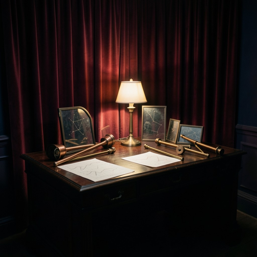 Dim observatory study with chart papers and copper instruments under velvet drapes