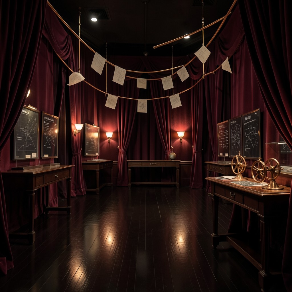 Velvet observatory-style annotation lab with chart boards and copper hanging rails