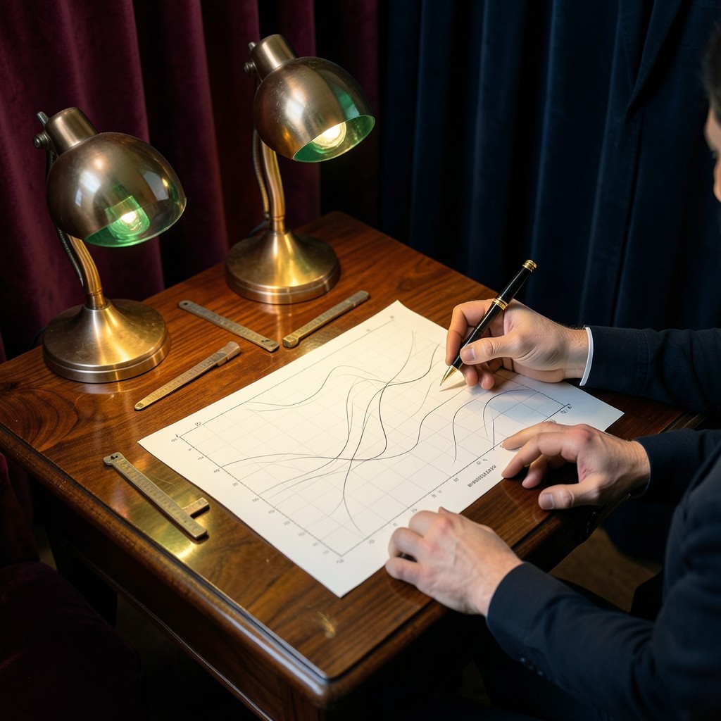 Traders marking wave labels on large printed charts under warm copper desk lamps