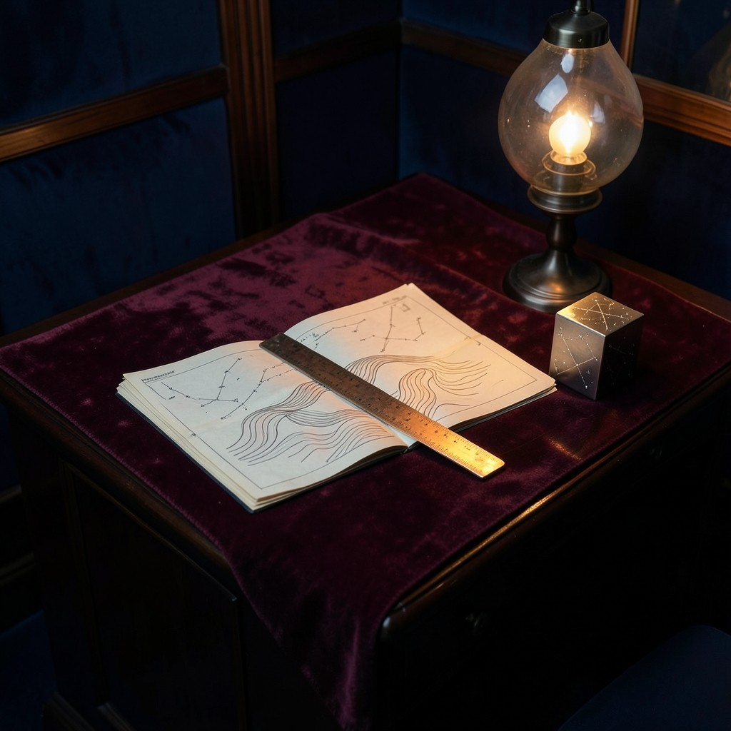 Quiet lacquered desk with a single chart folio and copper measuring rule
